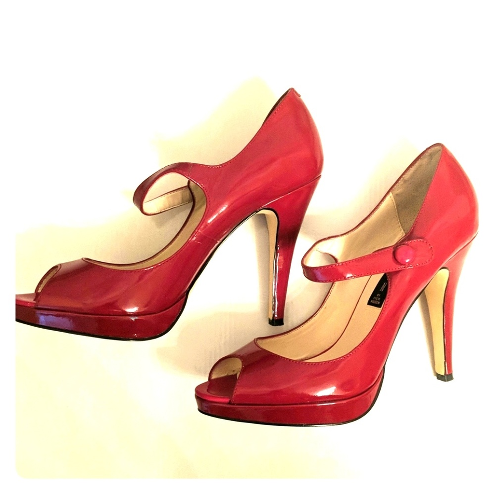 Red peep toe pumps
